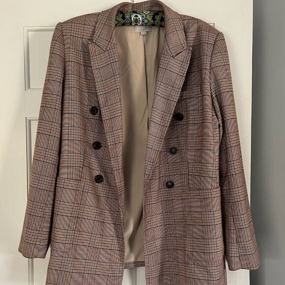 Loft Women's Double Breasted Tan Plaid Blazer - Picture 3 of 3